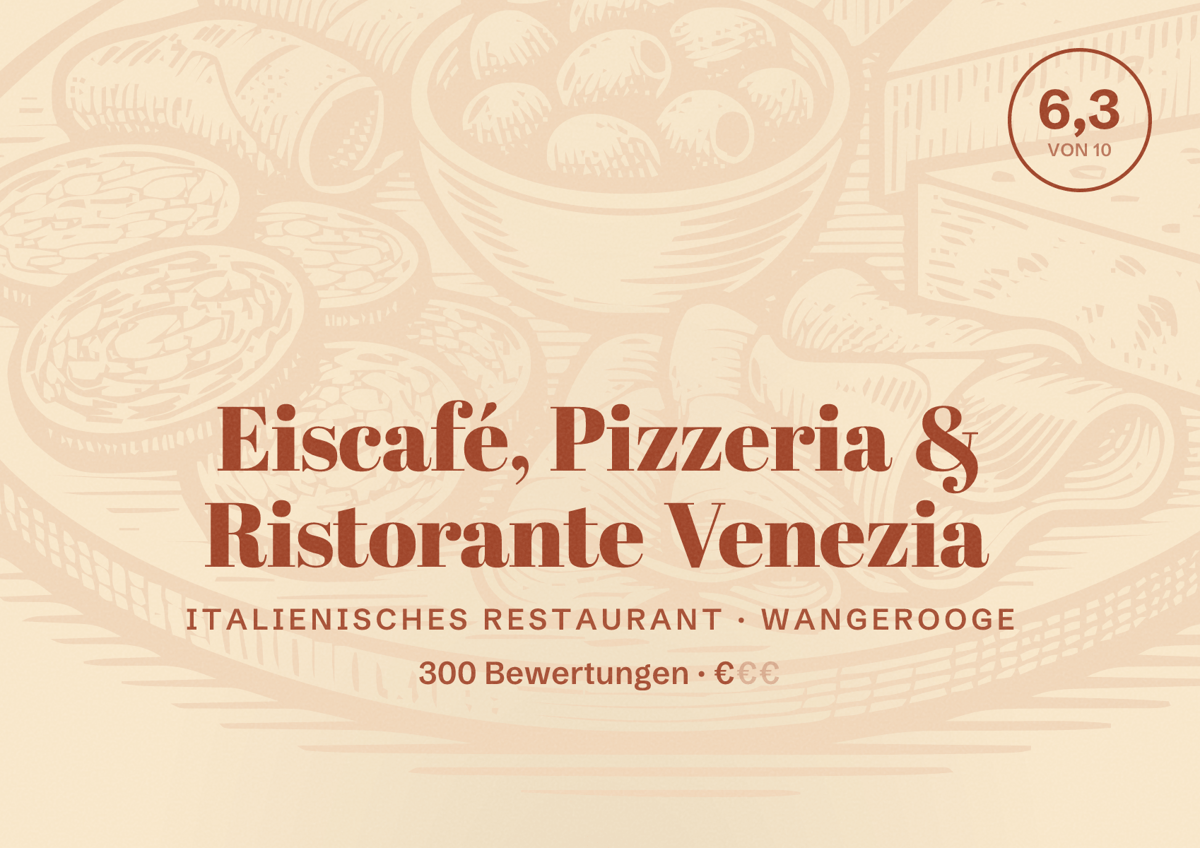 Illustriertes Poster von Eiscafé, Pizzeria & Ristorante Venezia, Italienisches Restaurant in Wangerooge: Bewertung 6,3 von 10 aus 300 Bewertungen, Preisniveau €
