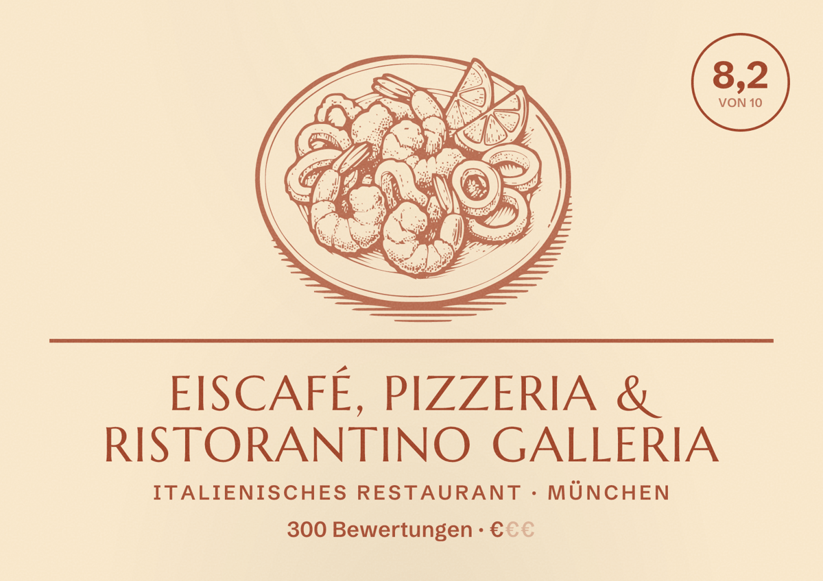 Illustriertes Poster von Eiscafé, Pizzeria & Ristorantino Galleria, Italienisches Restaurant in München: Bewertung 8,2 von 10 aus 300 Bewertungen, Preisniveau €