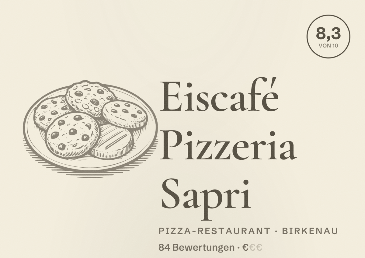Illustriertes Poster von Eiscafé Pizzeria Sapri, Pizza-Restaurant in Birkenau: Bewertung 8,3 von 10 aus 84 Bewertungen, Preisniveau €