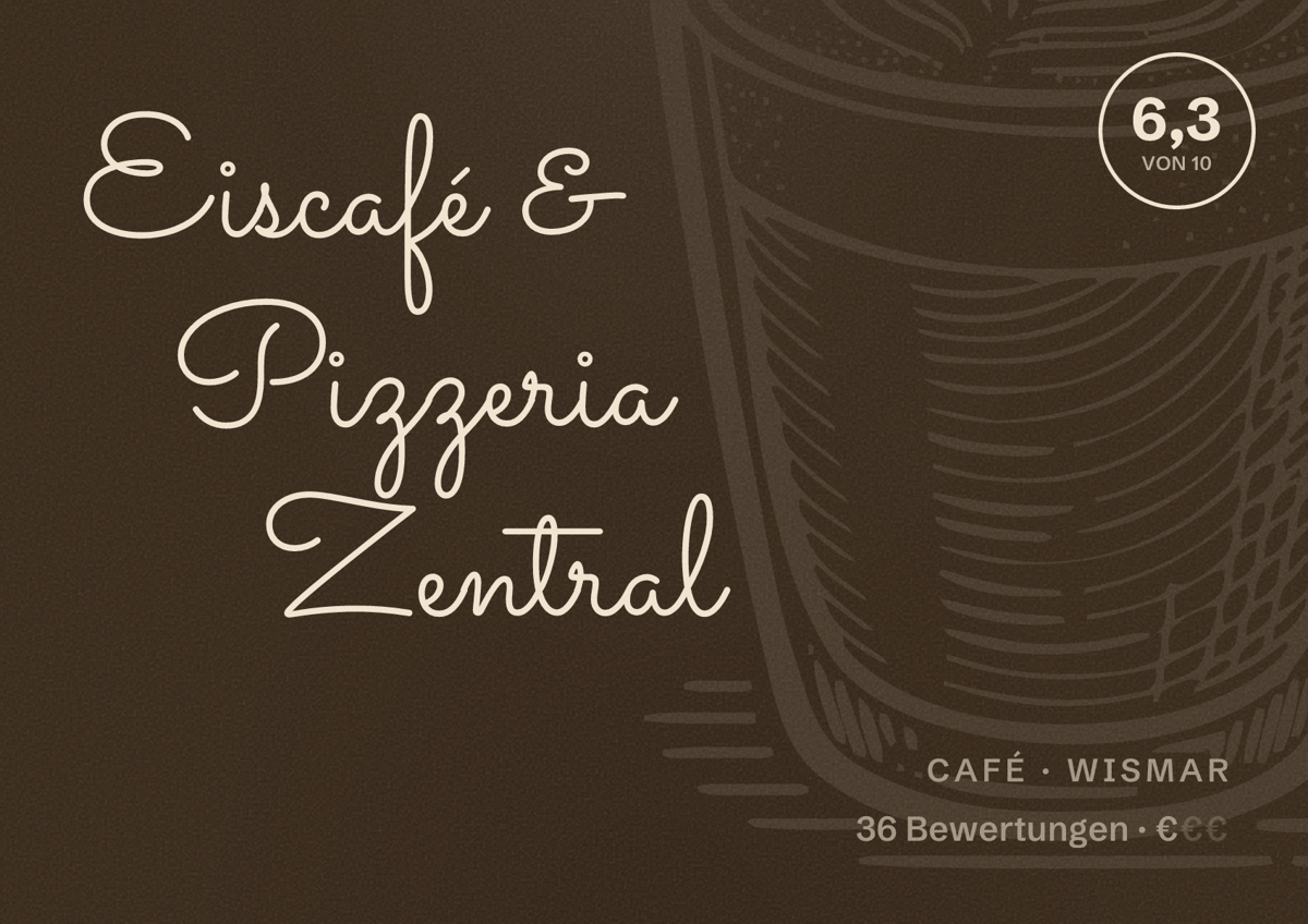 Illustriertes Poster von Eiscafé & Pizzeria Zentral, Café in Wismar: Bewertung 6,3 von 10 aus 36 Bewertungen, Preisniveau €