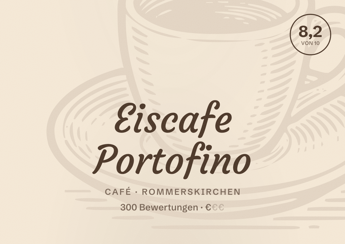 Illustriertes Poster von Eiscafe Portofino, Café in Rommerskirchen: Bewertung 8,2 von 10 aus 300 Bewertungen, Preisniveau €