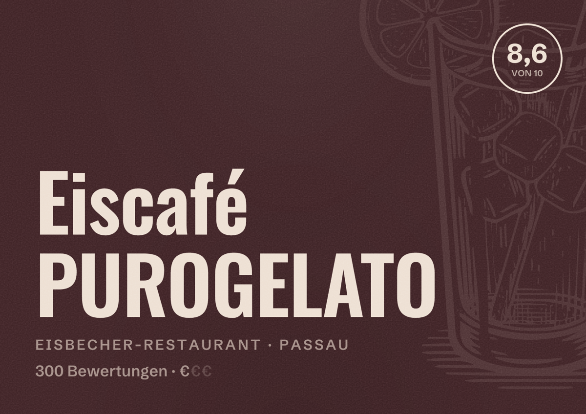 Illustriertes Poster von Eiscafé PUROGELATO, Eisbecher-Restaurant in Passau: Bewertung 8,6 von 10 aus 300 Bewertungen, Preisniveau €