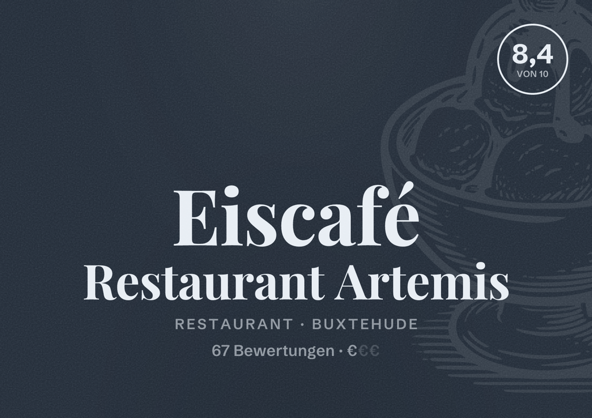 Illustriertes Poster von Eiscafé Restaurant Artemis, Restaurant in Buxtehude: Bewertung 8,4 von 10 aus 67 Bewertungen, Preisniveau €