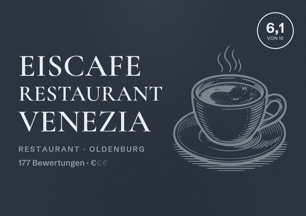 Illustriertes Poster von Eiscafe Restaurant Venezia, Restaurant in Oldenburg: Bewertung 6,1 von 10 aus 177 Bewertungen, Preisniveau €