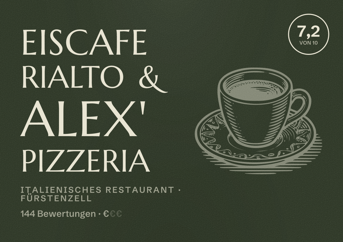 Illustriertes Poster von Eiscafe Rialto & Alex' Pizzeria, Italienisches Restaurant in Fürstenzell: Bewertung 7,2 von 10 aus 144 Bewertungen, Preisniveau €
