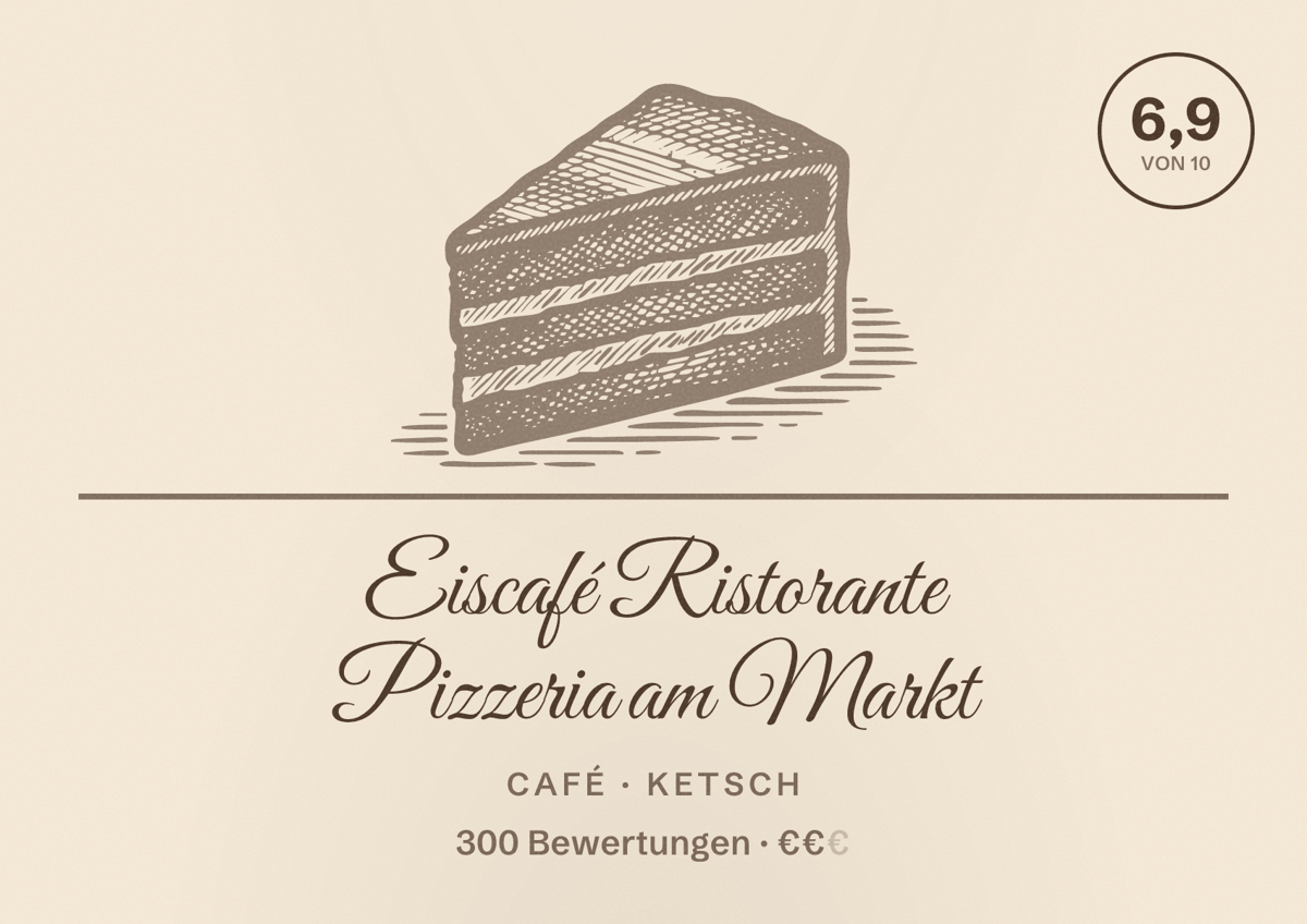 Illustriertes Poster von Eiscafé Ristorante Pizzeria am Markt, Café in Ketsch: Bewertung 6,9 von 10 aus 300 Bewertungen, Preisniveau €€