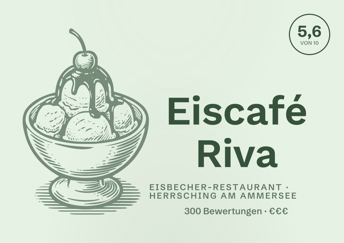 Illustriertes Poster von Eiscafé Riva, Eisbecher-Restaurant in Herrsching am Ammersee: Bewertung 5,6 von 10 aus 300 Bewertungen, Preisniveau €€€