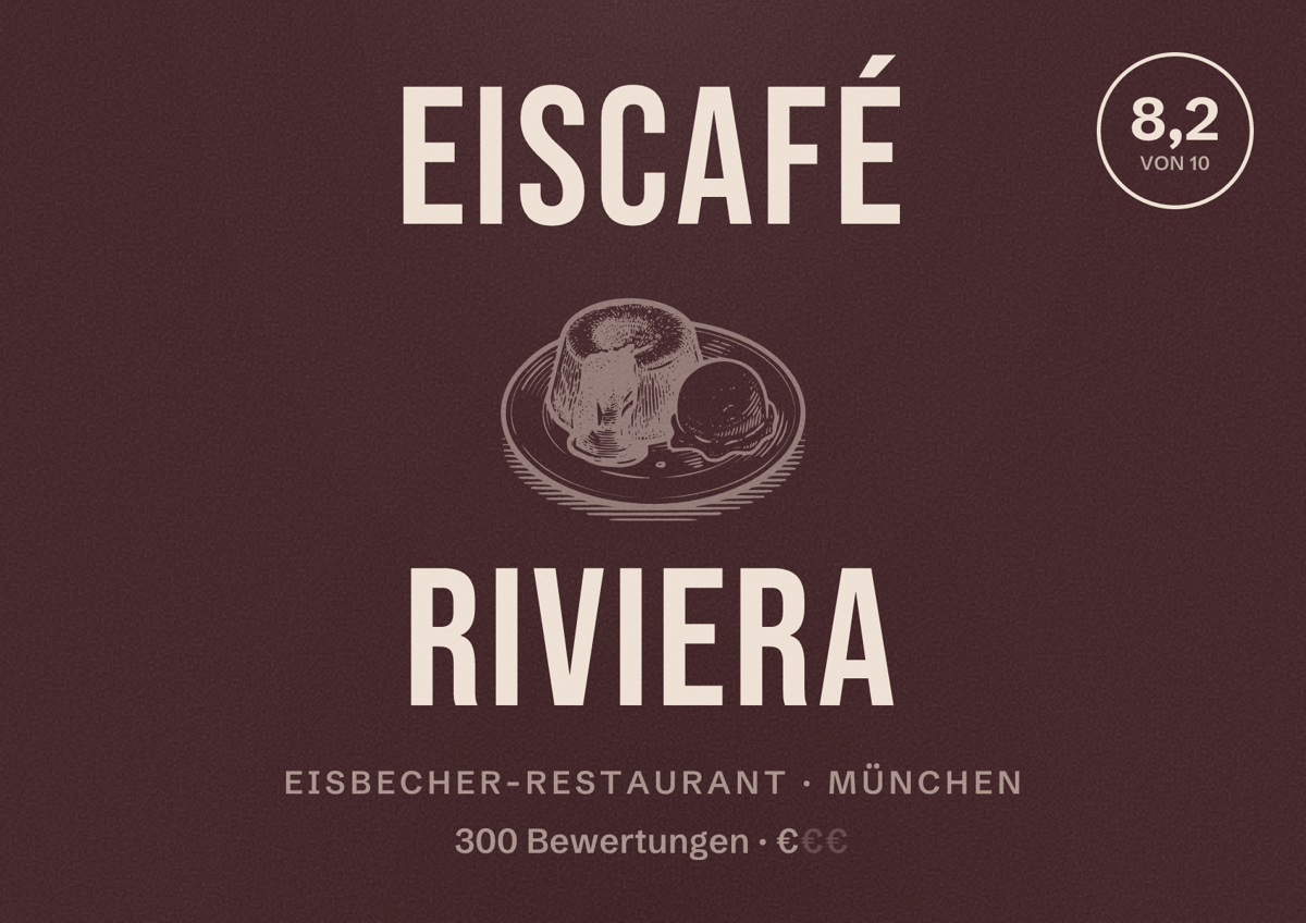 Illustriertes Poster von Eiscafé Riviera, Eisbecher-Restaurant in München: Bewertung 8,2 von 10 aus 300 Bewertungen, Preisniveau €