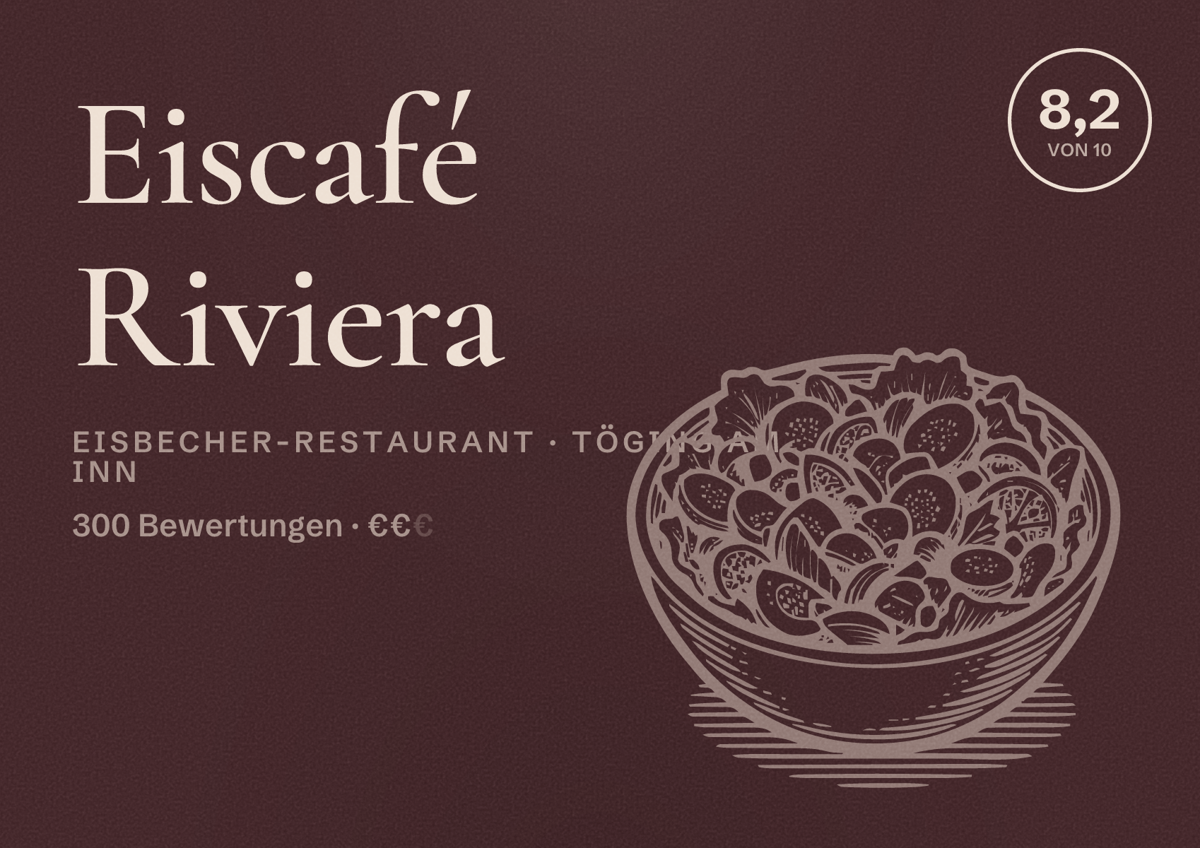 Illustriertes Poster von Eiscafé Riviera, Eisbecher-Restaurant in Töging am Inn: Bewertung 8,2 von 10 aus 300 Bewertungen, Preisniveau €€