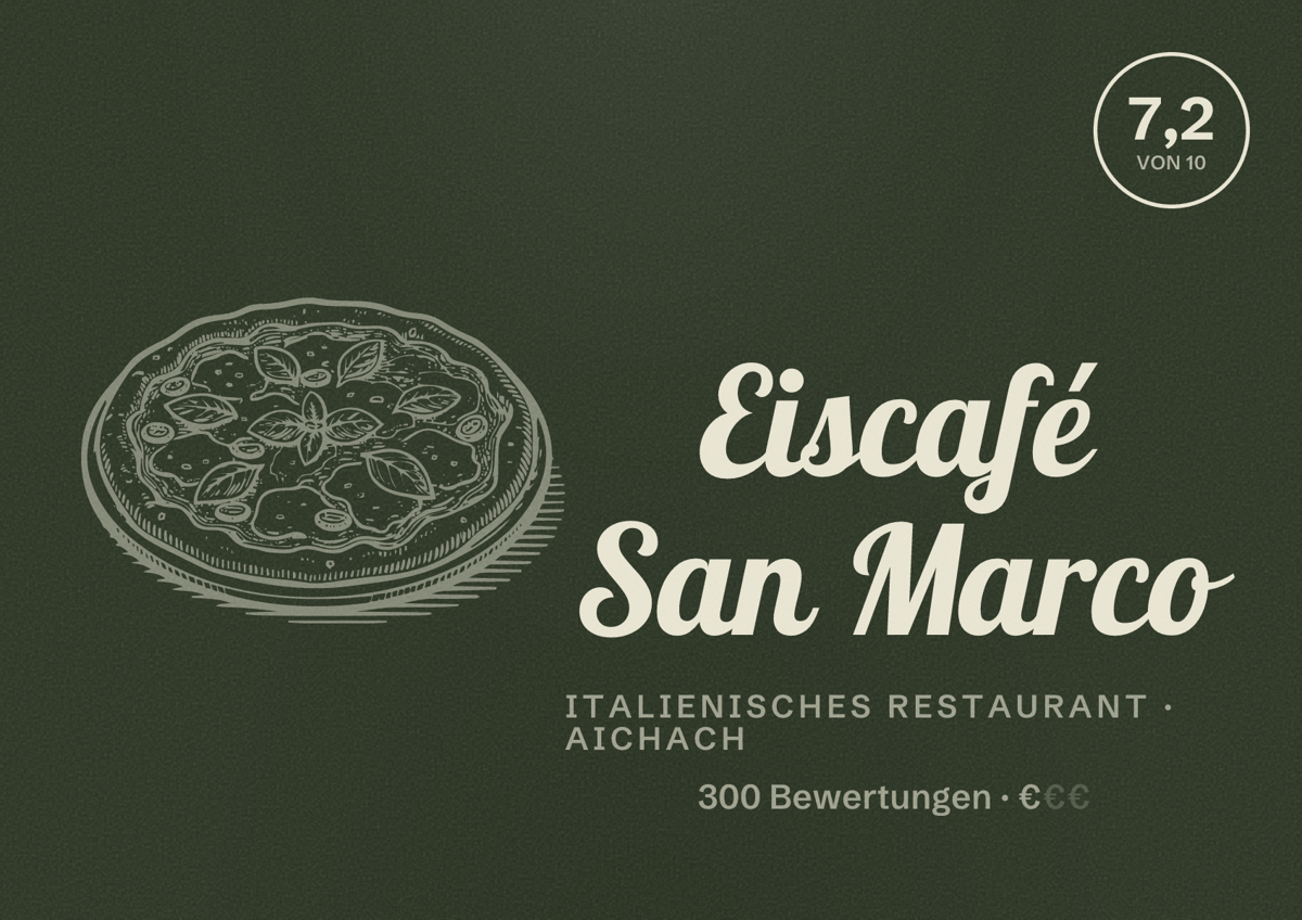 Illustriertes Poster von Eiscafé San Marco, Italienisches Restaurant in Aichach: Bewertung 7,2 von 10 aus 300 Bewertungen, Preisniveau €