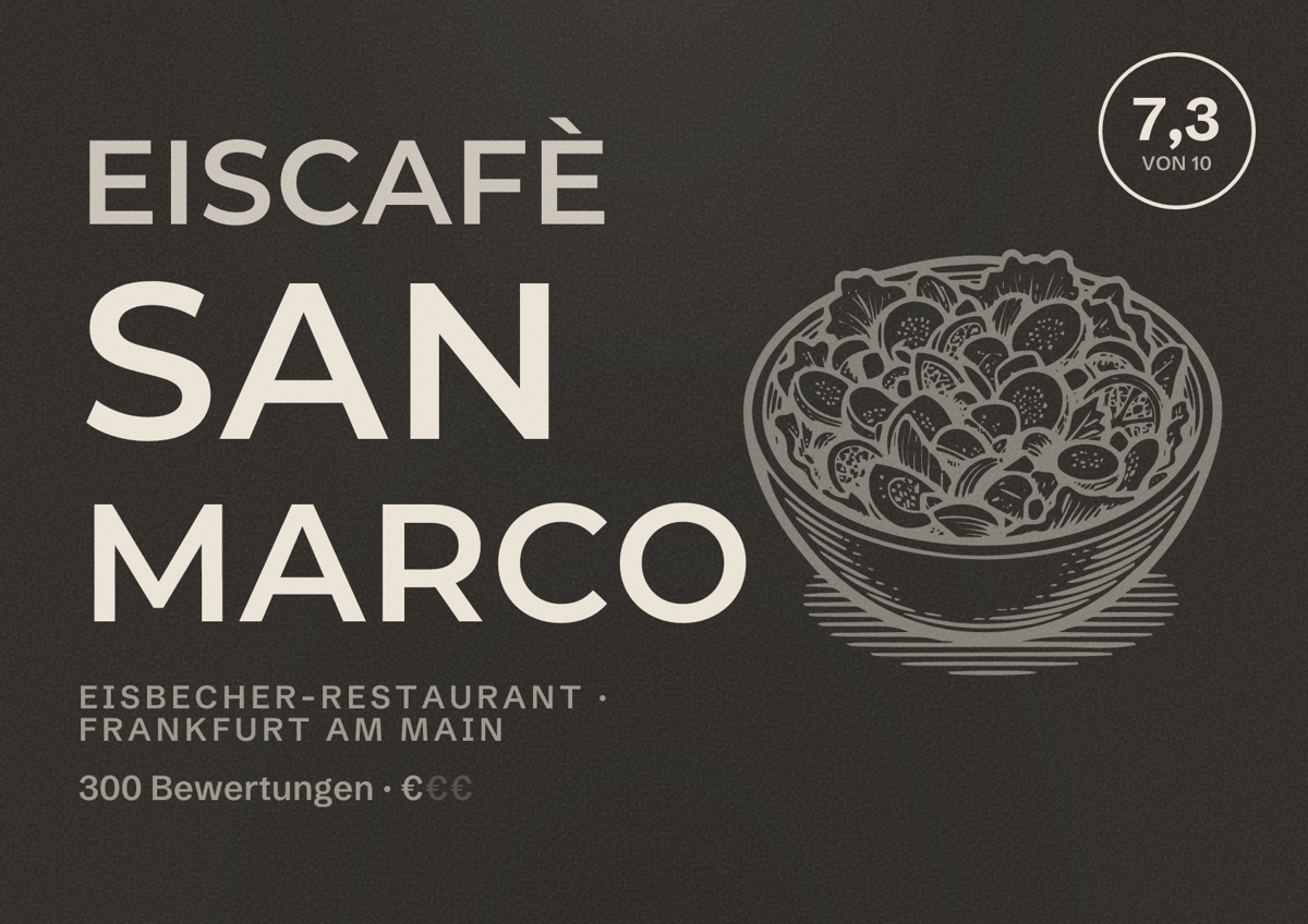 Illustriertes Poster von Eiscafè San Marco, Eisbecher-Restaurant in Frankfurt am Main: Bewertung 7,3 von 10 aus 300 Bewertungen, Preisniveau €