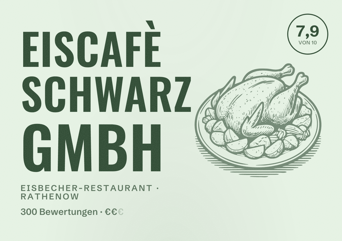 Illustriertes Poster von Eiscafè Schwarz GmbH, Eisbecher-Restaurant in Rathenow: Bewertung 7,9 von 10 aus 300 Bewertungen, Preisniveau €€