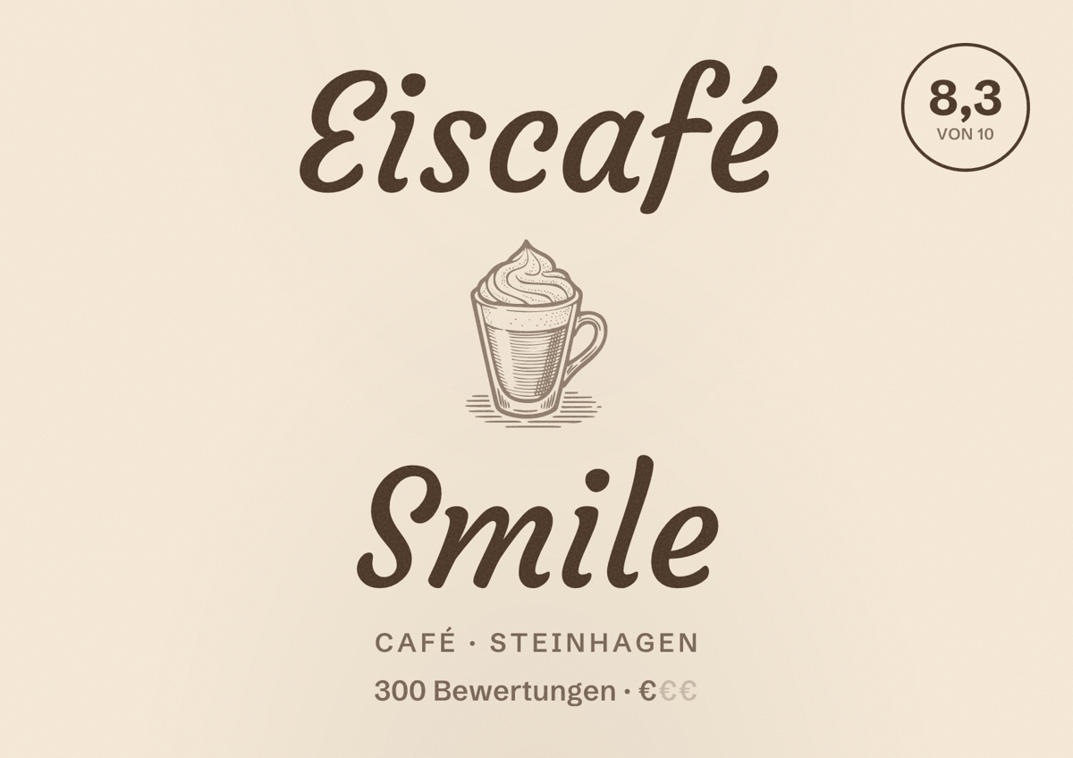 Illustriertes Poster von Eiscafé Smile, Café in Steinhagen: Bewertung 8,3 von 10 aus 300 Bewertungen, Preisniveau €
