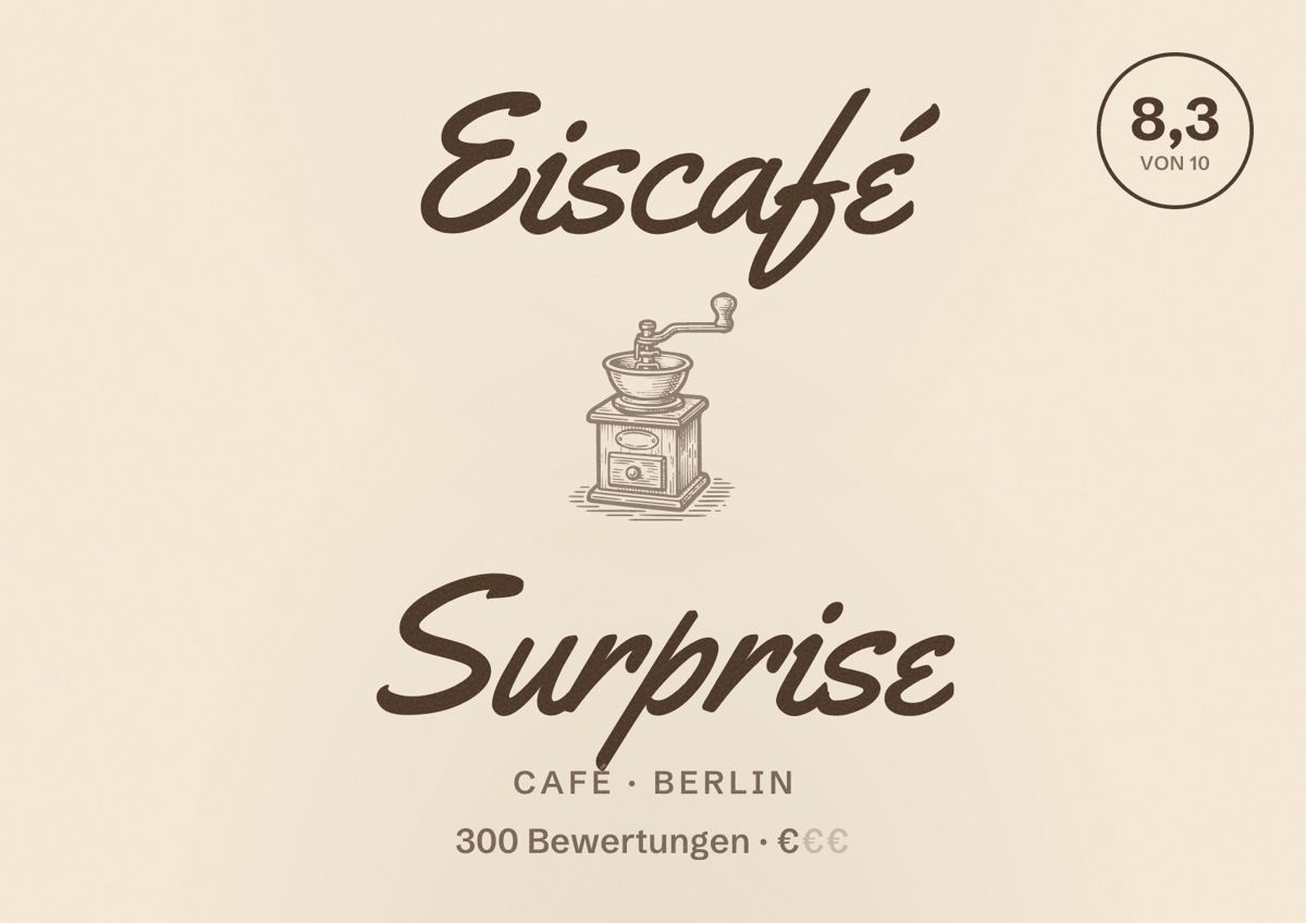 Illustriertes Poster von Eiscafé Surprise, Café in Berlin: Bewertung 8,3 von 10 aus 300 Bewertungen, Preisniveau €
