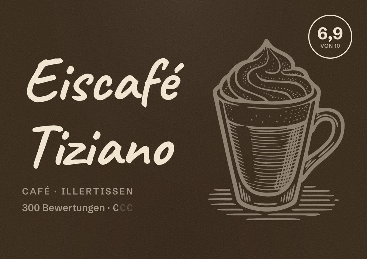 Illustriertes Poster von Eiscafé Tiziano, Café in Illertissen: Bewertung 6,9 von 10 aus 300 Bewertungen, Preisniveau €