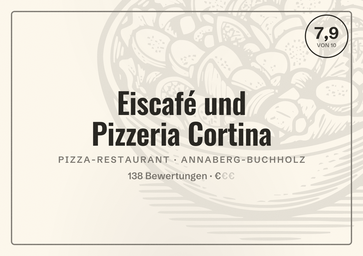 Illustriertes Poster von Eiscafé und Pizzeria Cortina, Pizza-Restaurant in Annaberg-Buchholz: Bewertung 7,9 von 10 aus 138 Bewertungen, Preisniveau €
