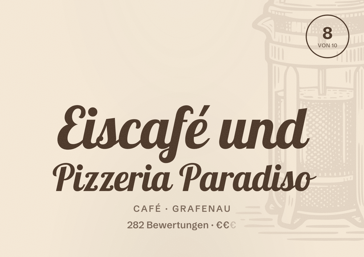 Illustriertes Poster von Eiscafé und Pizzeria Paradiso, Café in Grafenau: Bewertung 8 von 10 aus 282 Bewertungen, Preisniveau €€