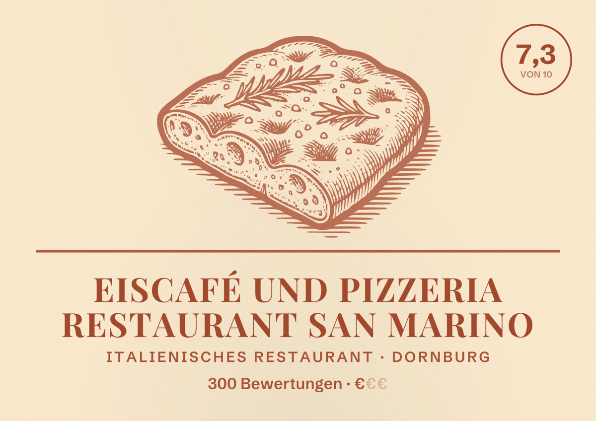 Illustriertes Poster von Eiscafé und Pizzeria Restaurant San Marino, Italienisches Restaurant in Dornburg: Bewertung 7,3 von 10 aus 300 Bewertungen, Preisniveau €