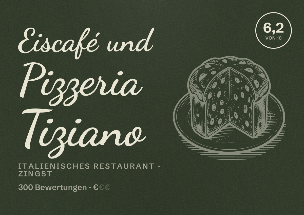 Illustriertes Poster von Eiscafé und Pizzeria Tiziano, Italienisches Restaurant in Zingst: Bewertung 6,2 von 10 aus 300 Bewertungen, Preisniveau €