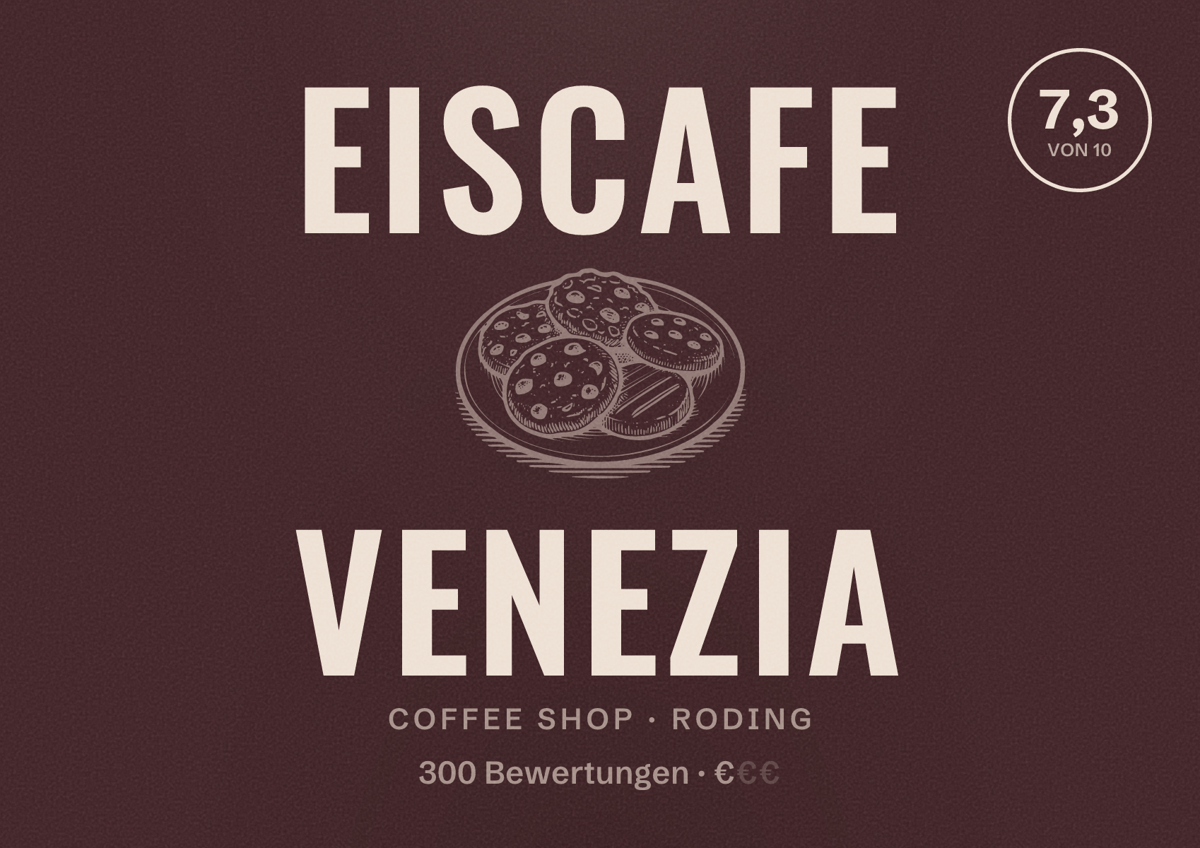 Illustriertes Poster von Eiscafe Venezia, Coffee Shop in Roding: Bewertung 7,3 von 10 aus 300 Bewertungen, Preisniveau €