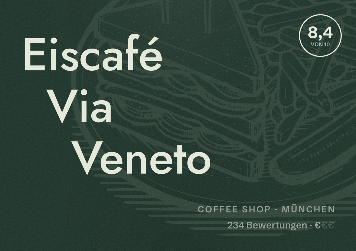 Illustriertes Poster von Eiscafé Via Veneto, Coffee Shop in München: Bewertung 8,4 von 10 aus 234 Bewertungen, Preisniveau €