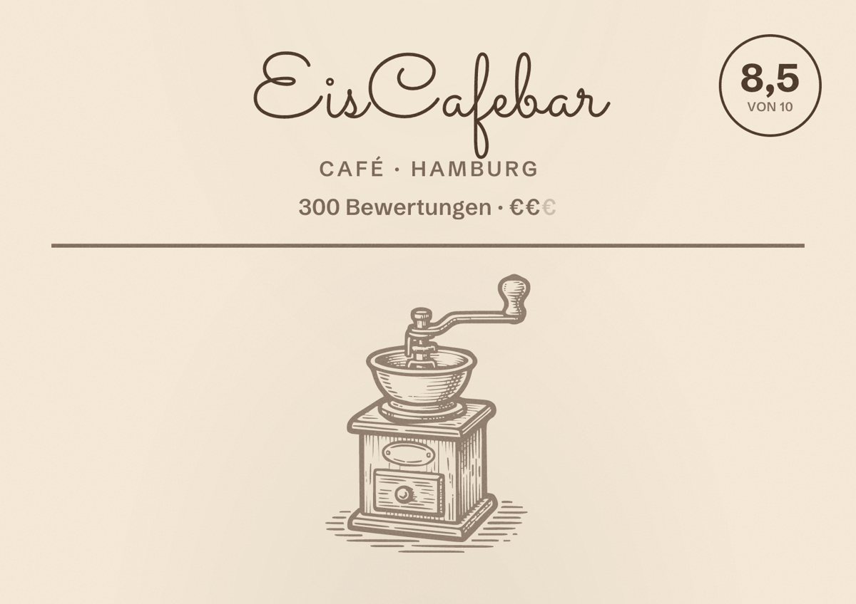 Illustriertes Poster von EisCafebar, Café in Hamburg: Bewertung 8,5 von 10 aus 300 Bewertungen, Preisniveau €€