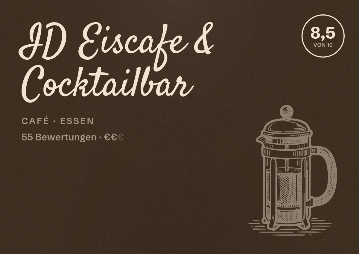 Illustriertes Poster von ID Eiscafe & Cocktailbar, Café in Essen: Bewertung 8,5 von 10 aus 55 Bewertungen, Preisniveau €€