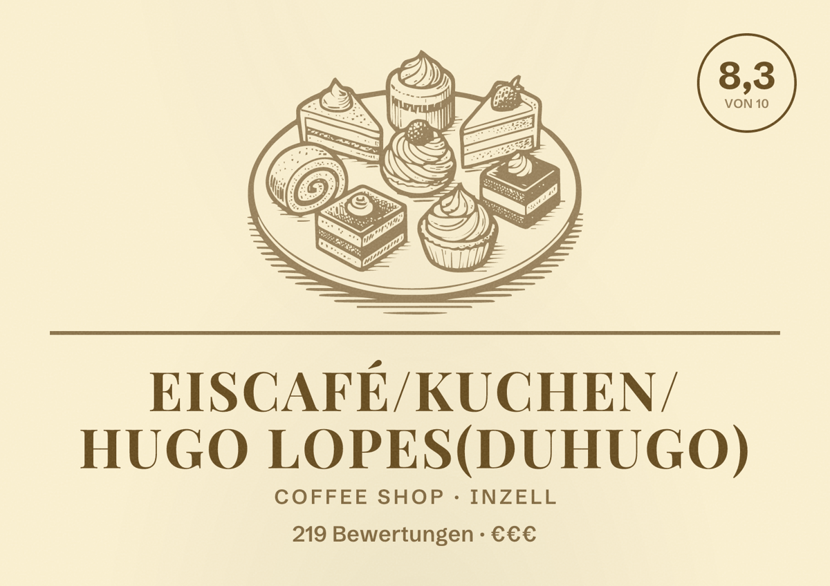 Illustriertes Poster von Eiscafé/Kuchen/ Hugo Lopes(DuHugo), Coffee Shop in Inzell: Bewertung 8,3 von 10 aus 219 Bewertungen, Preisniveau €€€