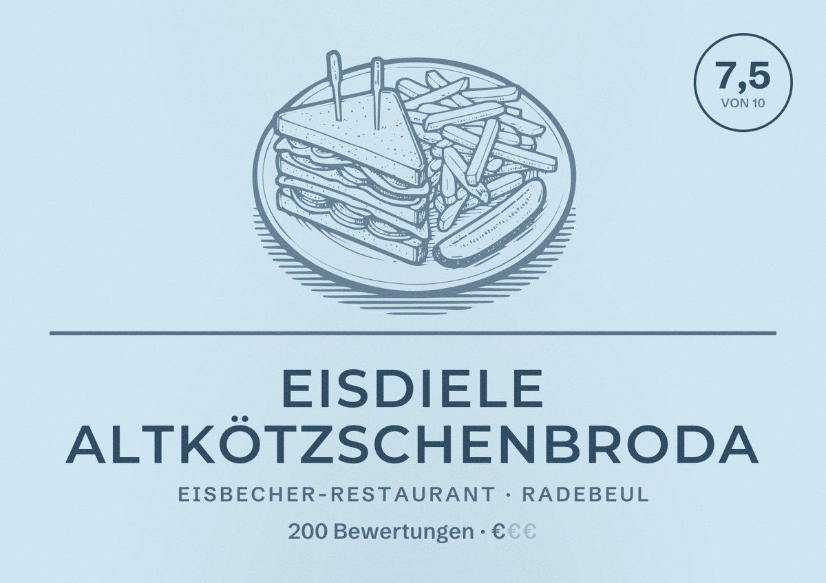 Illustriertes Poster von Eisdiele Altkötzschenbroda, Eisbecher-Restaurant in Radebeul: Bewertung 7,5 von 10 aus 200 Bewertungen, Preisniveau €