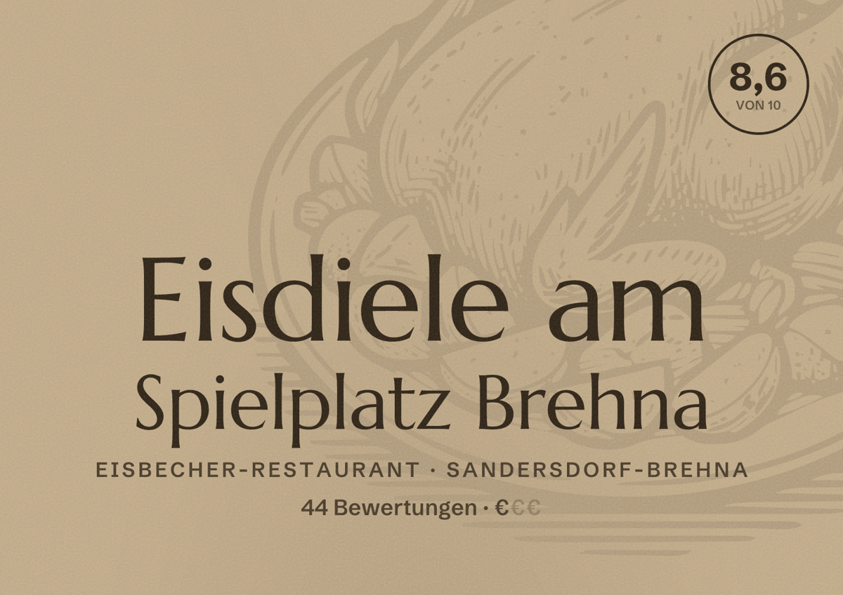 Illustriertes Poster von Eisdiele am Spielplatz Brehna, Eisbecher-Restaurant in Sandersdorf-Brehna: Bewertung 8,6 von 10 aus 44 Bewertungen, Preisniveau €