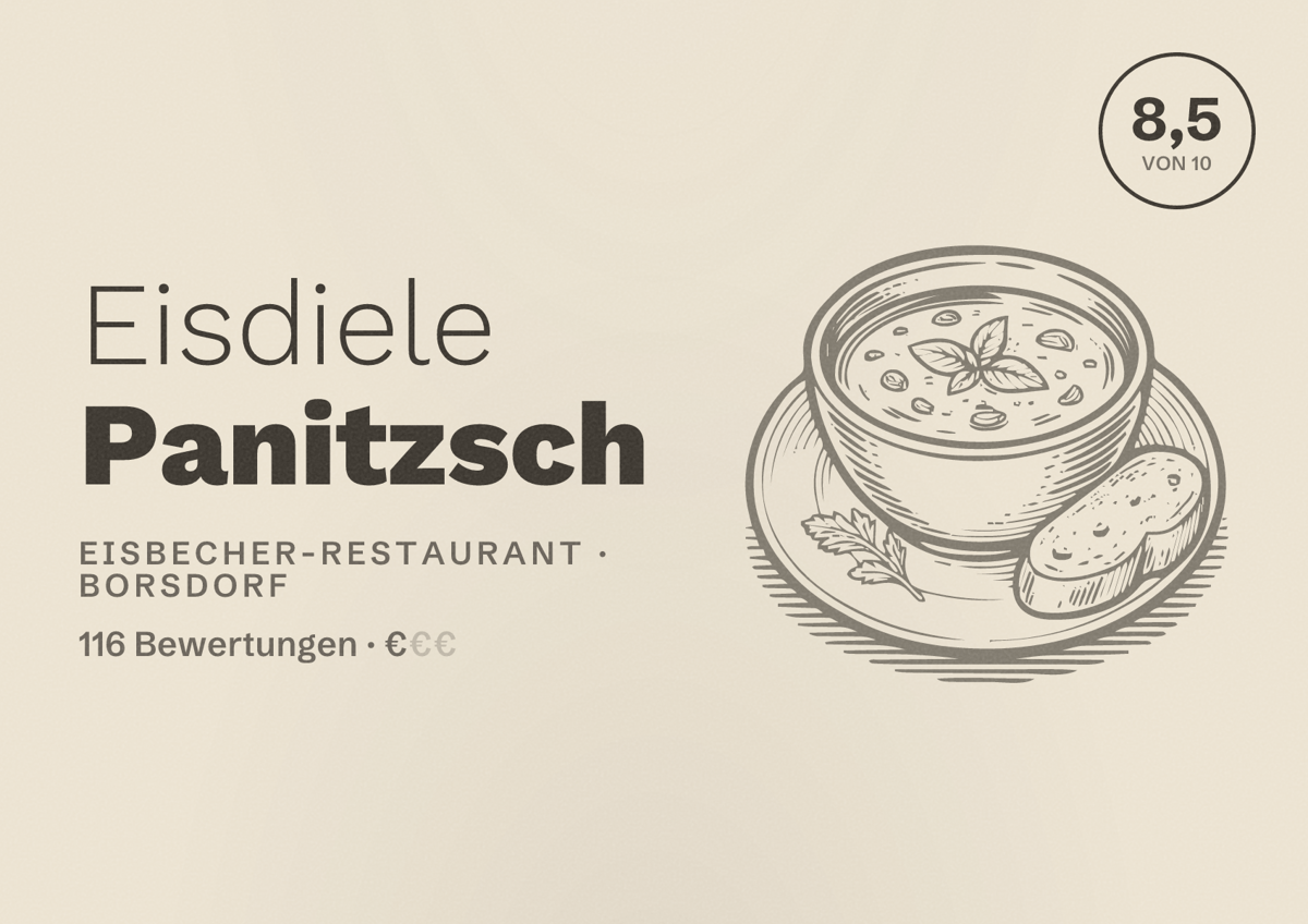 Illustriertes Poster von Eisdiele Panitzsch, Eisbecher-Restaurant in Borsdorf: Bewertung 8,5 von 10 aus 116 Bewertungen, Preisniveau €