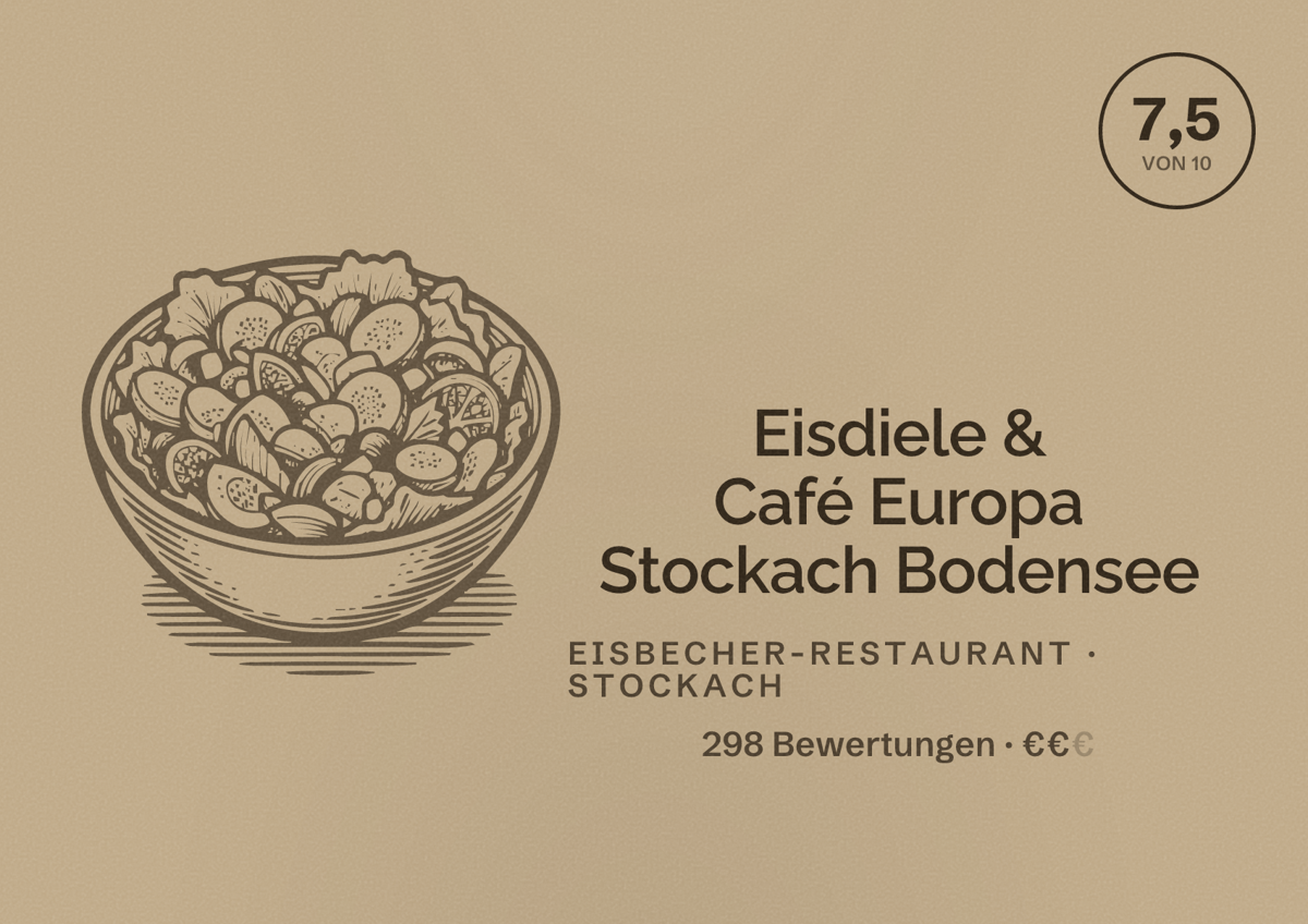 Illustriertes Poster von Eisdiele & Café Europa Stockach Bodensee, Eisbecher-Restaurant in Stockach: Bewertung 7,5 von 10 aus 298 Bewertungen, Preisniveau €€