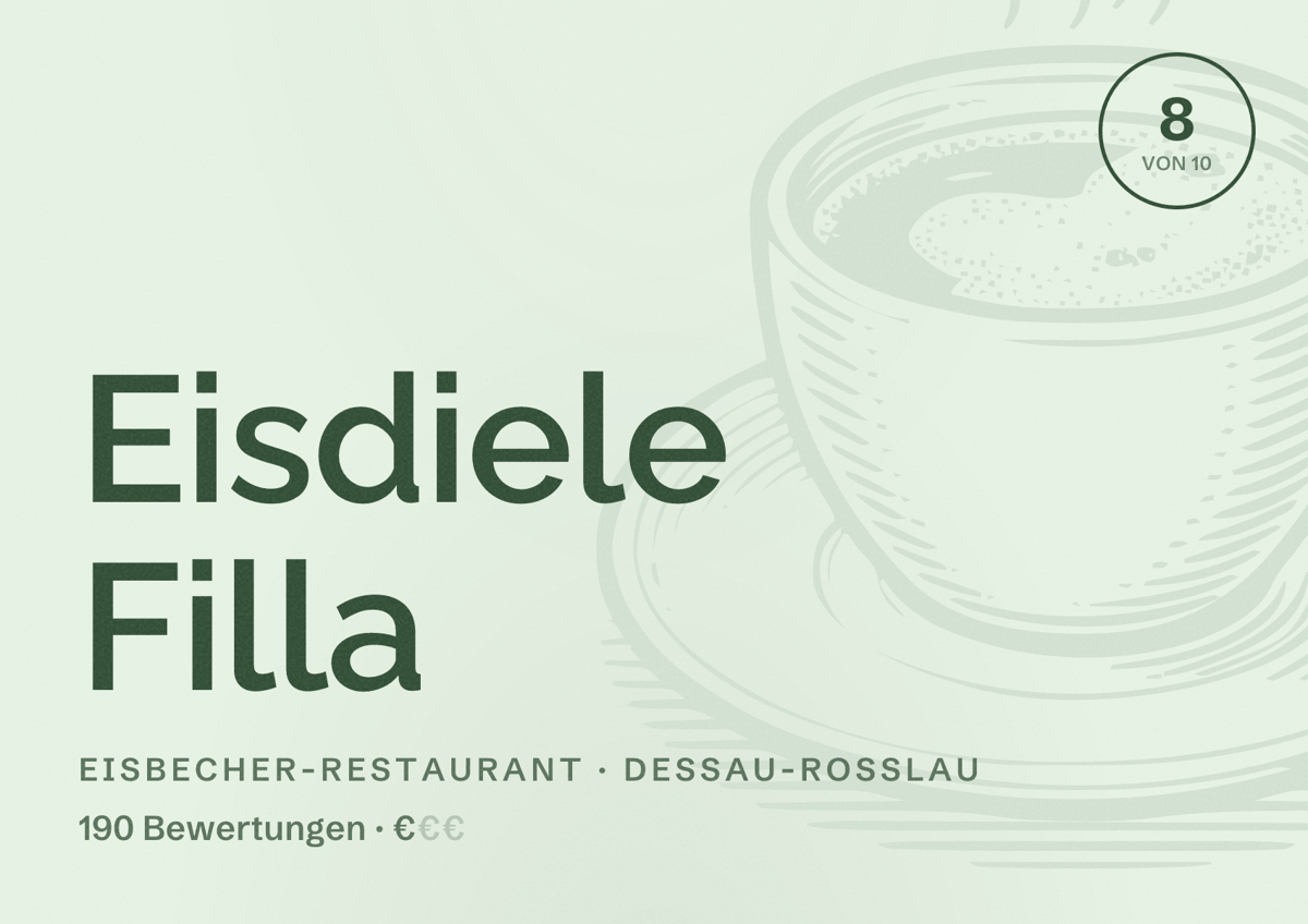 Illustriertes Poster von Eisdiele Filla, Eisbecher-Restaurant in Dessau-Roßlau: Bewertung 8 von 10 aus 190 Bewertungen, Preisniveau €