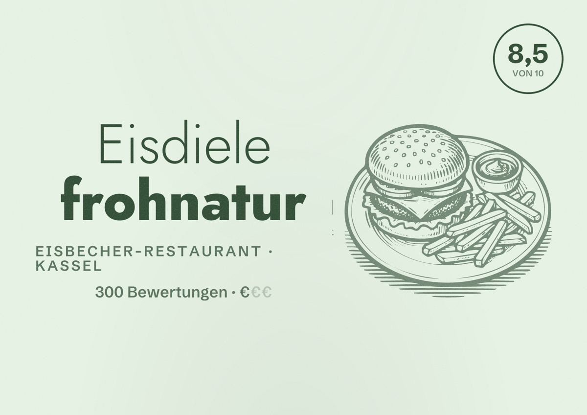 Illustriertes Poster von Eisdiele frohnatur, Eisbecher-Restaurant in Kassel: Bewertung 8,5 von 10 aus 300 Bewertungen, Preisniveau €