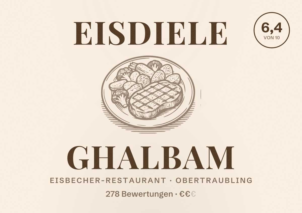 Illustriertes Poster von Eisdiele Ghalbam, Eisbecher-Restaurant in Obertraubling: Bewertung 6,4 von 10 aus 278 Bewertungen, Preisniveau €€