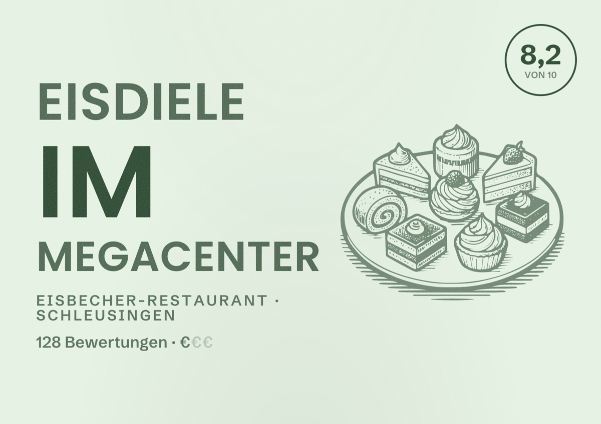 Illustriertes Poster von Eisdiele im Megacenter, Eisbecher-Restaurant in Schleusingen: Bewertung 8,2 von 10 aus 128 Bewertungen, Preisniveau €