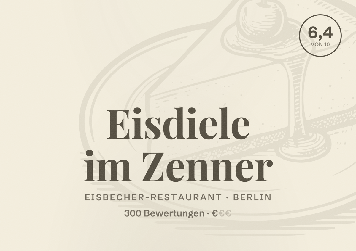 Illustriertes Poster von Eisdiele im Zenner, Eisbecher-Restaurant in Berlin: Bewertung 6,4 von 10 aus 300 Bewertungen, Preisniveau €