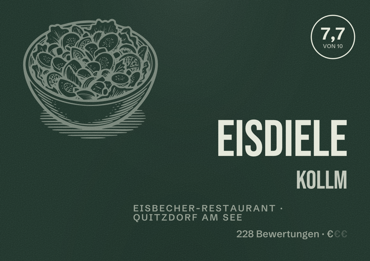 Illustriertes Poster von Eisdiele Kollm, Eisbecher-Restaurant in Quitzdorf am See: Bewertung 7,7 von 10 aus 228 Bewertungen, Preisniveau €