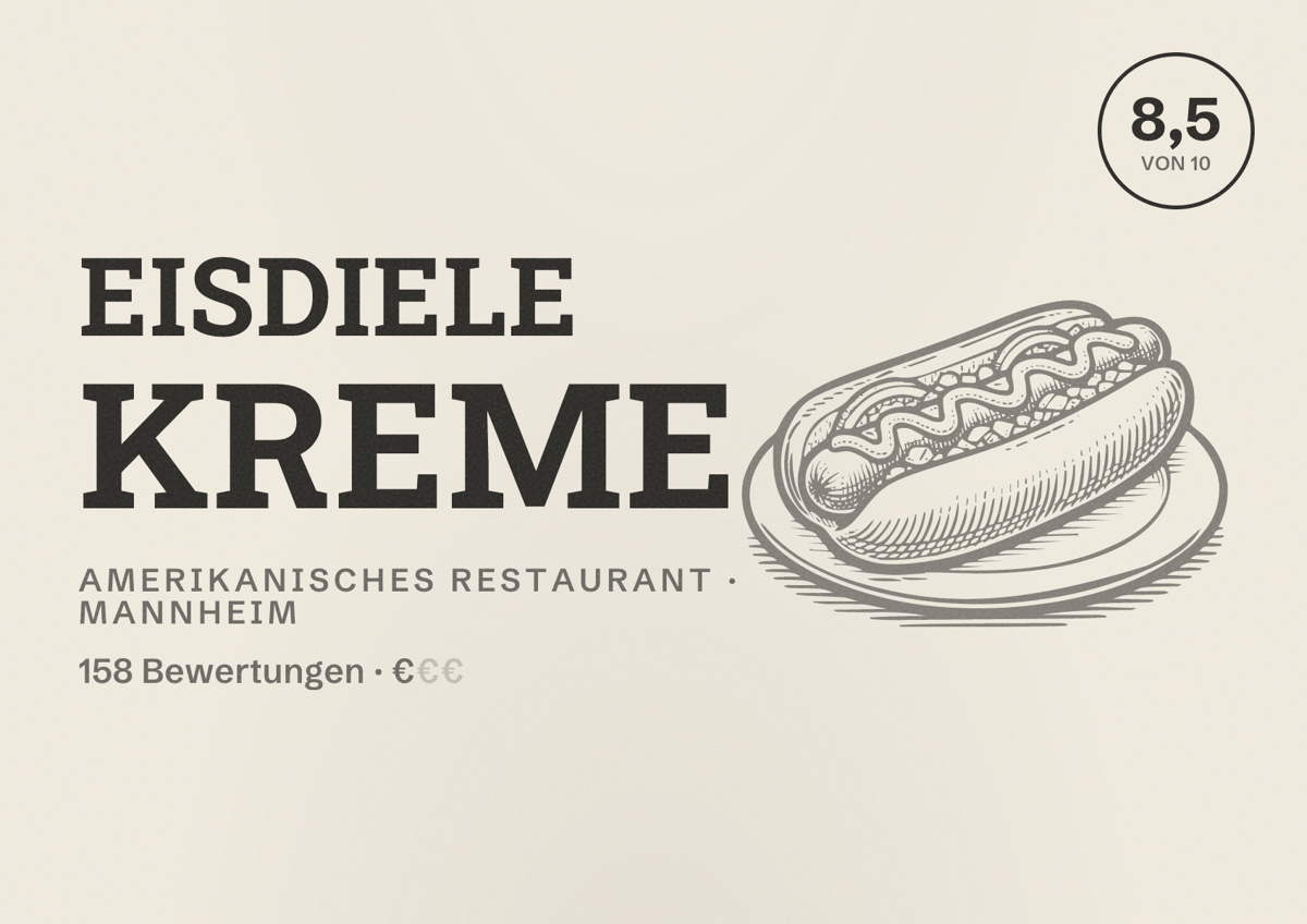 Illustriertes Poster von Eisdiele Kreme, Amerikanisches Restaurant in Mannheim: Bewertung 8,5 von 10 aus 158 Bewertungen, Preisniveau €