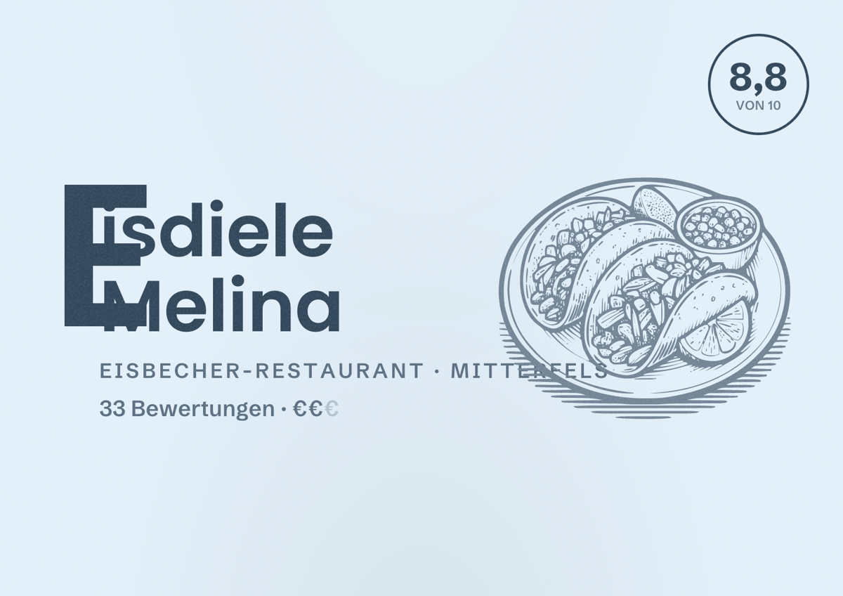Illustriertes Poster von Eisdiele Melina, Eisbecher-Restaurant in Mitterfels: Bewertung 8,8 von 10 aus 33 Bewertungen, Preisniveau €€