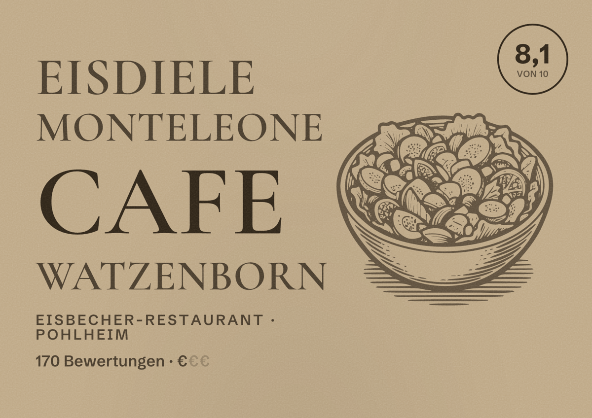 Illustriertes Poster von Eisdiele Monteleone Cafe Watzenborn, Eisbecher-Restaurant in Pohlheim: Bewertung 8,1 von 10 aus 170 Bewertungen, Preisniveau €
