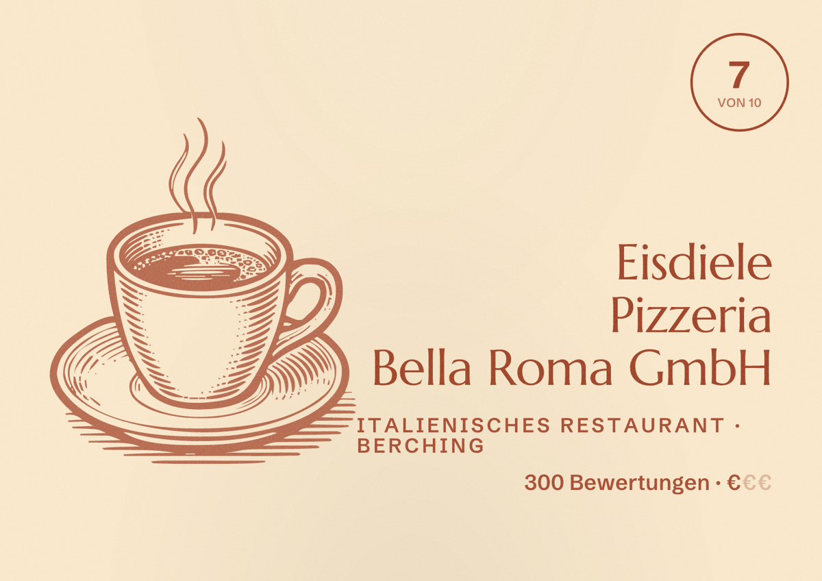 Illustriertes Poster von Eisdiele Pizzeria Bella Roma GmbH, Italienisches Restaurant in Berching: Bewertung 7 von 10 aus 300 Bewertungen, Preisniveau €