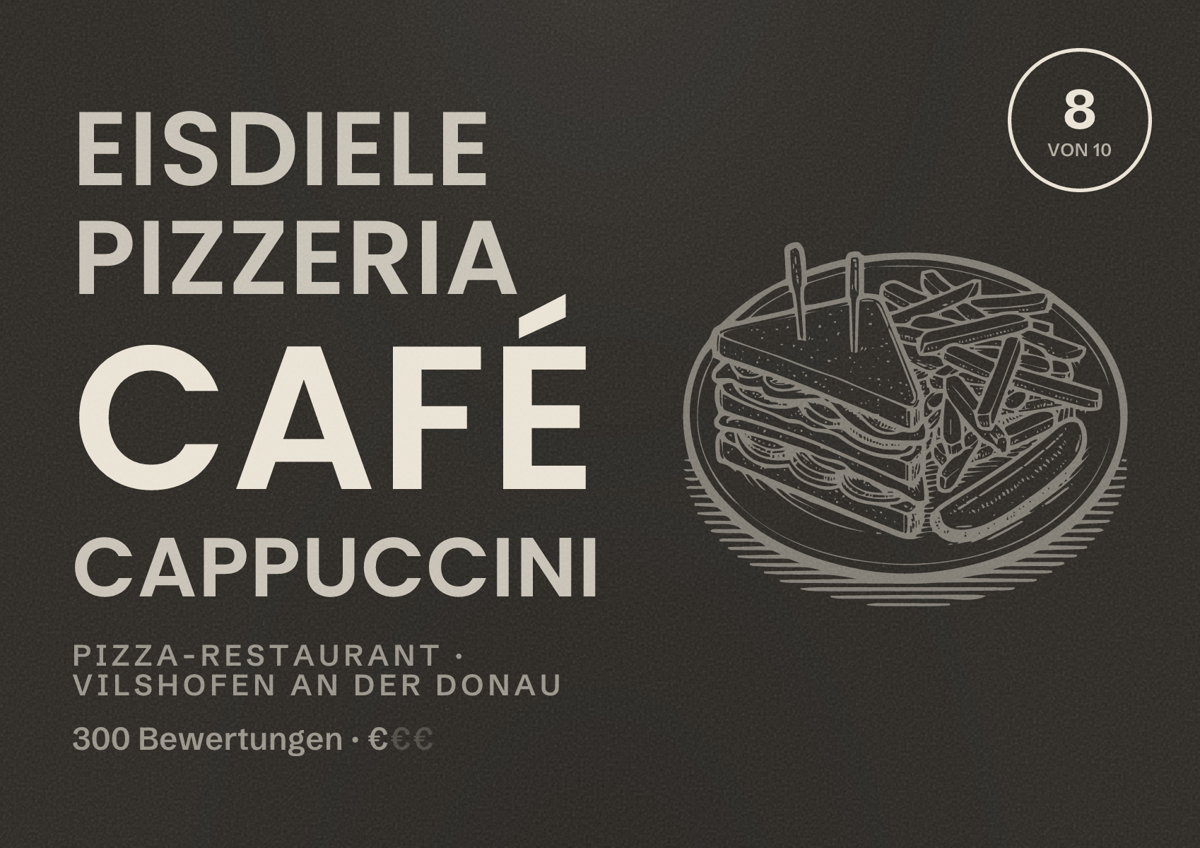 Illustriertes Poster von Eisdiele Pizzeria Café CAPPUCCINI, Pizza-Restaurant in Vilshofen an der Donau: Bewertung 8 von 10 aus 300 Bewertungen, Preisniveau €