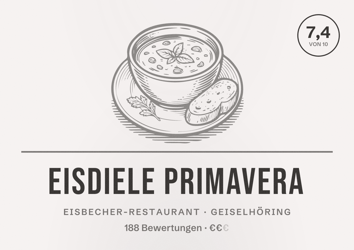 Illustriertes Poster von Eisdiele Primavera, Eisbecher-Restaurant in Geiselhöring: Bewertung 7,4 von 10 aus 188 Bewertungen, Preisniveau €€