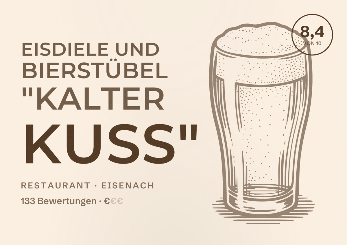 Illustriertes Poster von Eisdiele und Bierstübel "Kalter Kuß", Restaurant in Eisenach: Bewertung 8,4 von 10 aus 133 Bewertungen, Preisniveau €