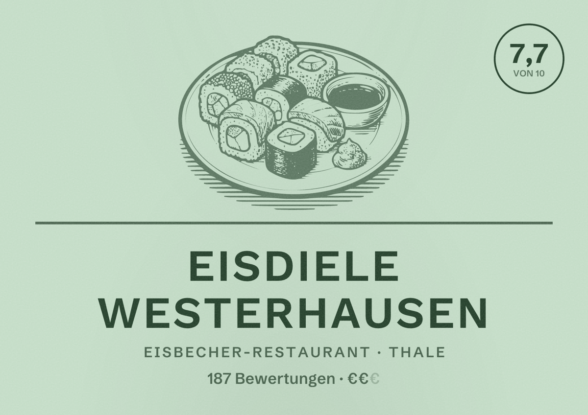 Illustriertes Poster von Eisdiele Westerhausen, Eisbecher-Restaurant in Thale: Bewertung 7,7 von 10 aus 187 Bewertungen, Preisniveau €€