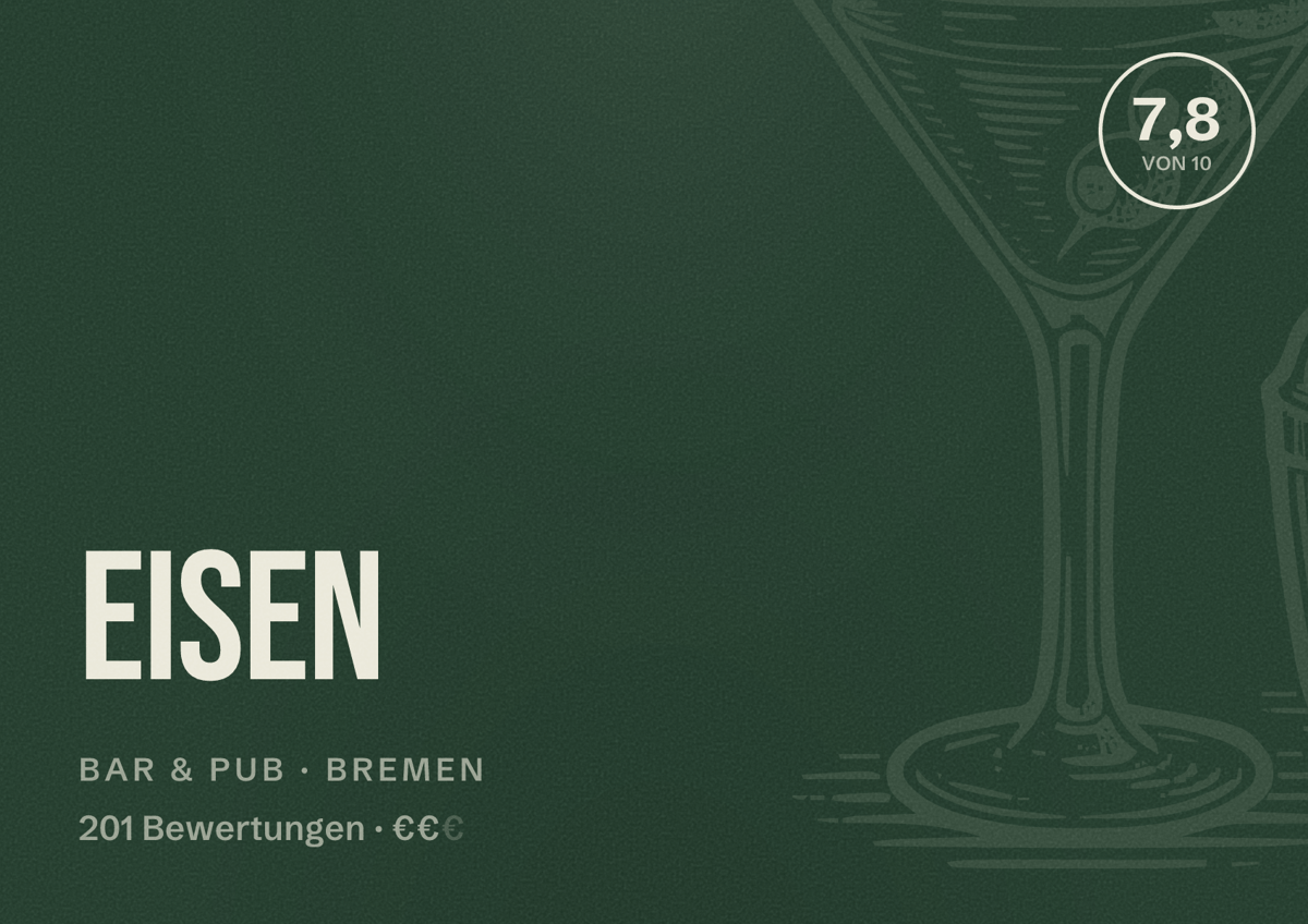 Illustriertes Poster von Eisen, Bar & Pub in Bremen: Bewertung 7,8 von 10 aus 201 Bewertungen, Preisniveau €€