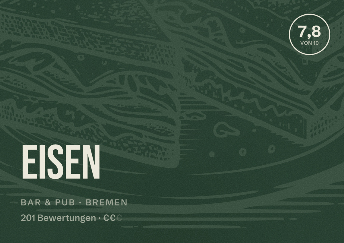 Illustriertes Poster von Eisen, Bar & Pub in Bremen: Bewertung 7,8 von 10 aus 201 Bewertungen, Preisniveau €€