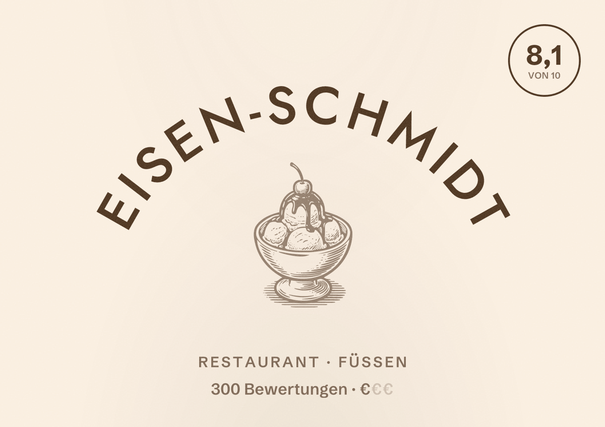 Illustriertes Poster von Eisen-Schmidt, Restaurant in Füssen: Bewertung 8,1 von 10 aus 300 Bewertungen, Preisniveau €