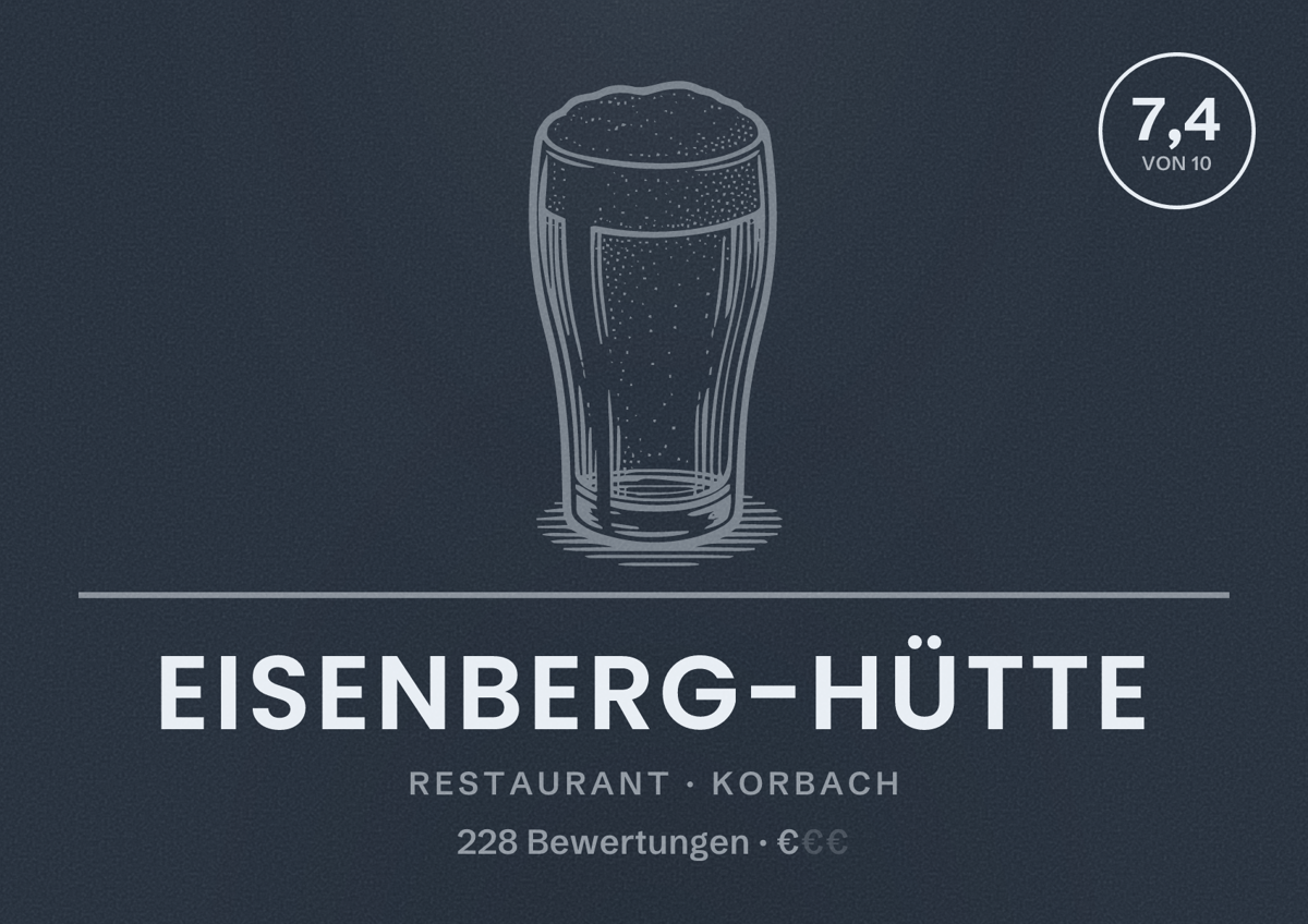 Illustriertes Poster von Eisenberg-Hütte, Restaurant in Korbach: Bewertung 7,4 von 10 aus 228 Bewertungen, Preisniveau €
